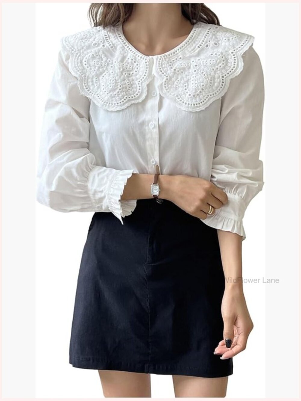 Doll Collar Victorian Blouse Eyelet Embroidery Long Sleeve Frilly Kawaii Button